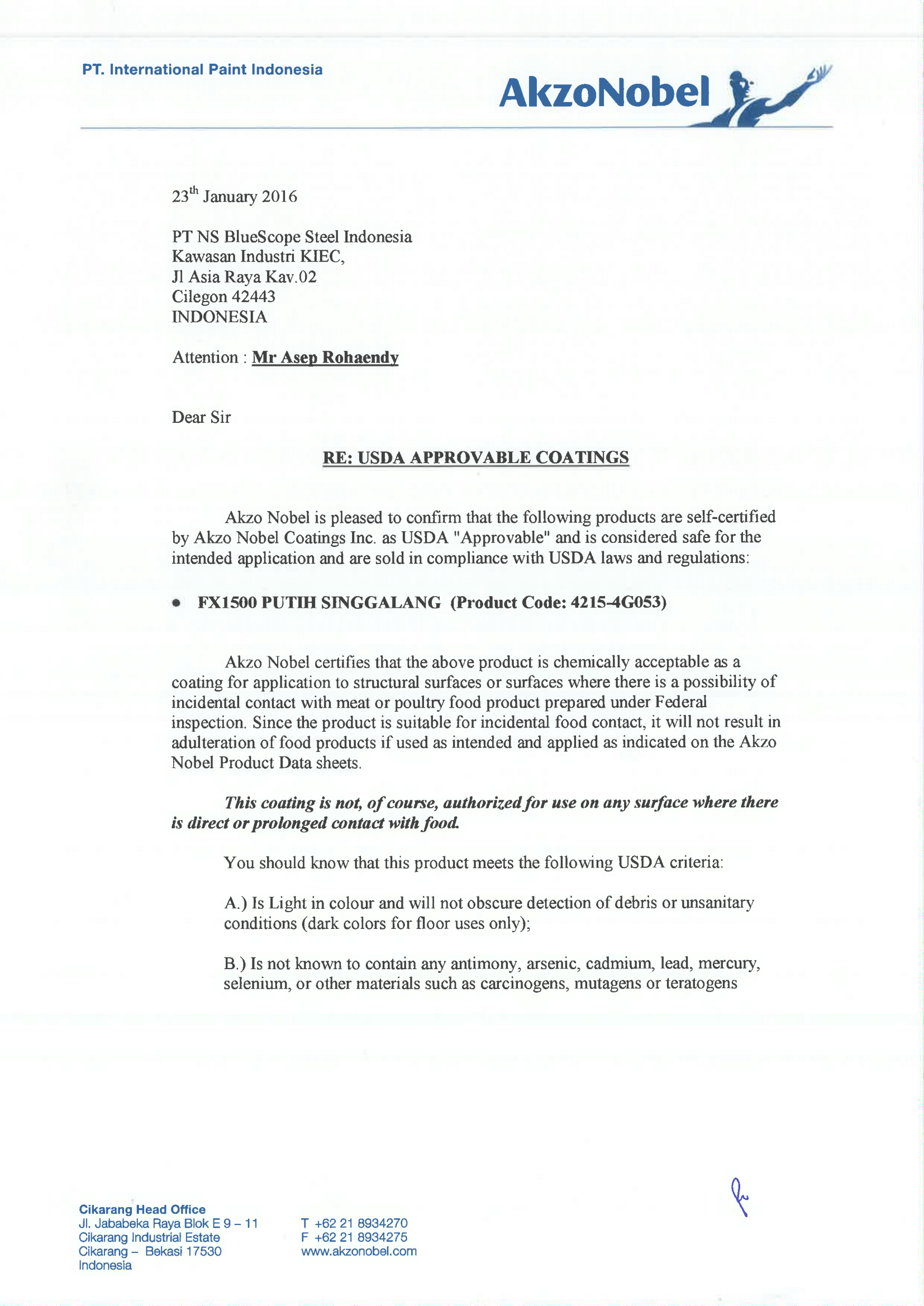 Image - Certificate - AkzoNobel (USDA Approvable Coatings – Food Grade) - Subzero | Pre Insulated Sandwich Panel