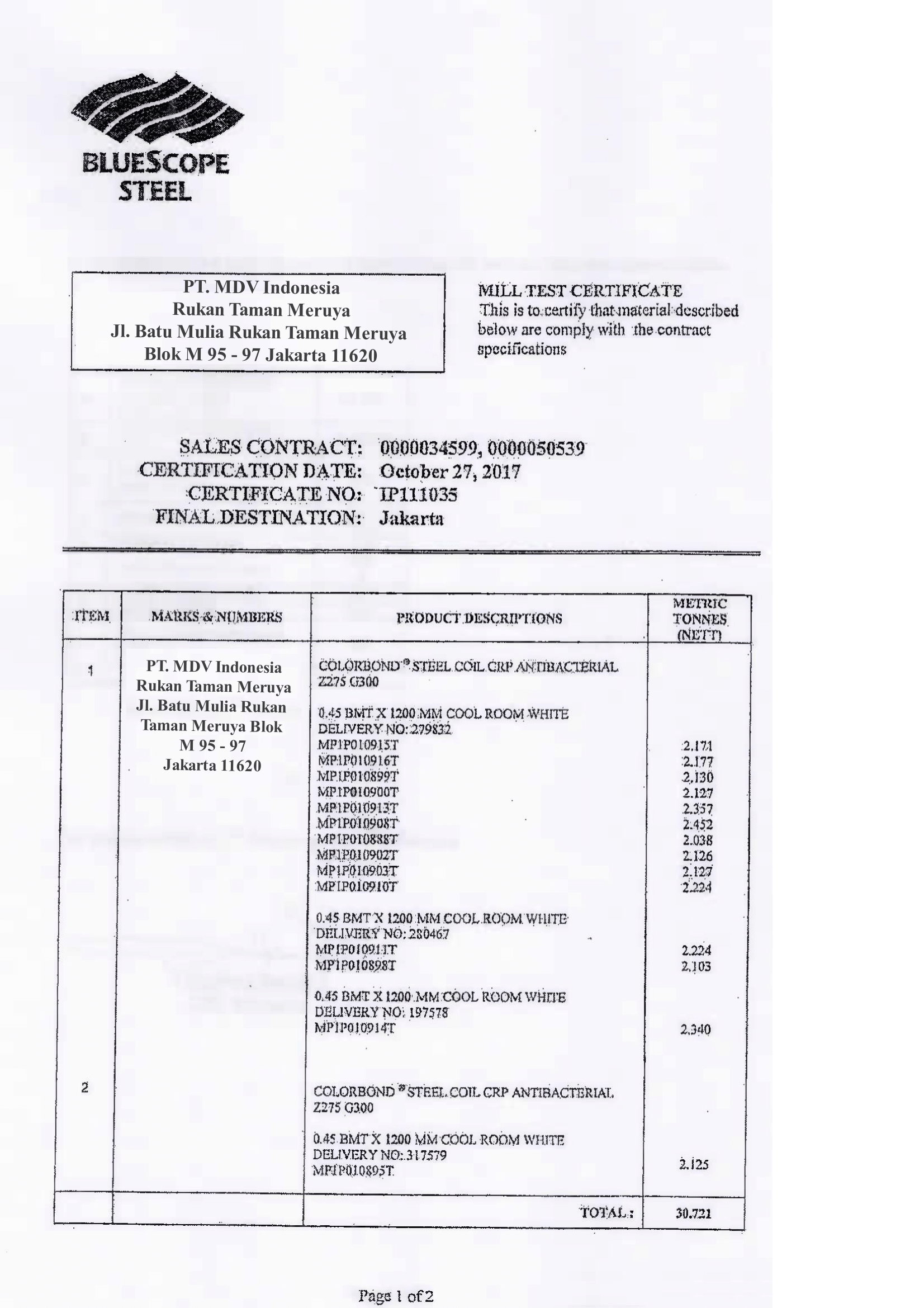 Image - Certificate - Bluescope Steel AB Sertifikat-SUBZERO - Subzero | Pre Insulated Sandwich Panel