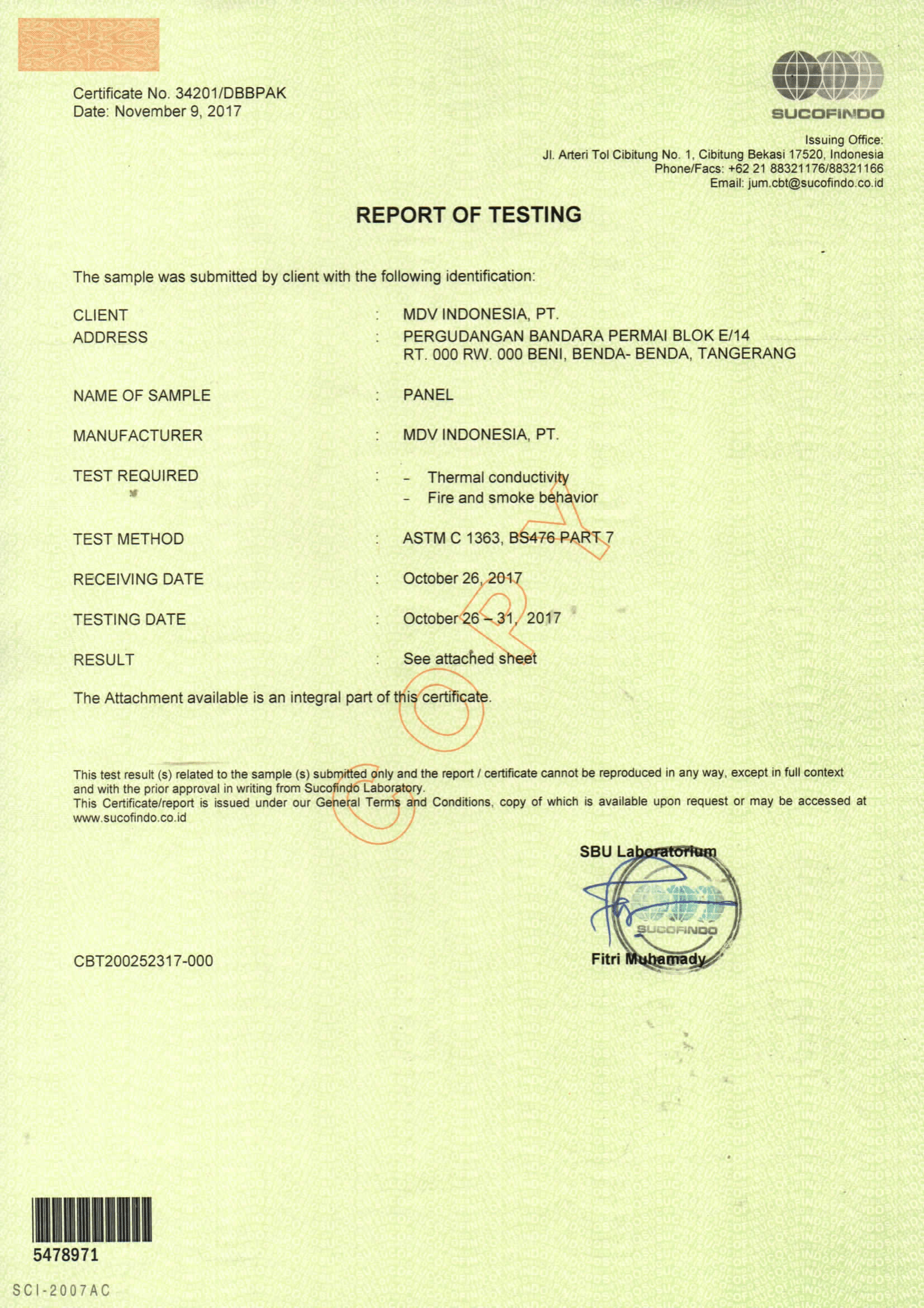 Image - Certificate - Sucofindo (Thermal Conductivity & Fire Smoke Behavior) - Subzero | Pre Insulated Sandwich Panel